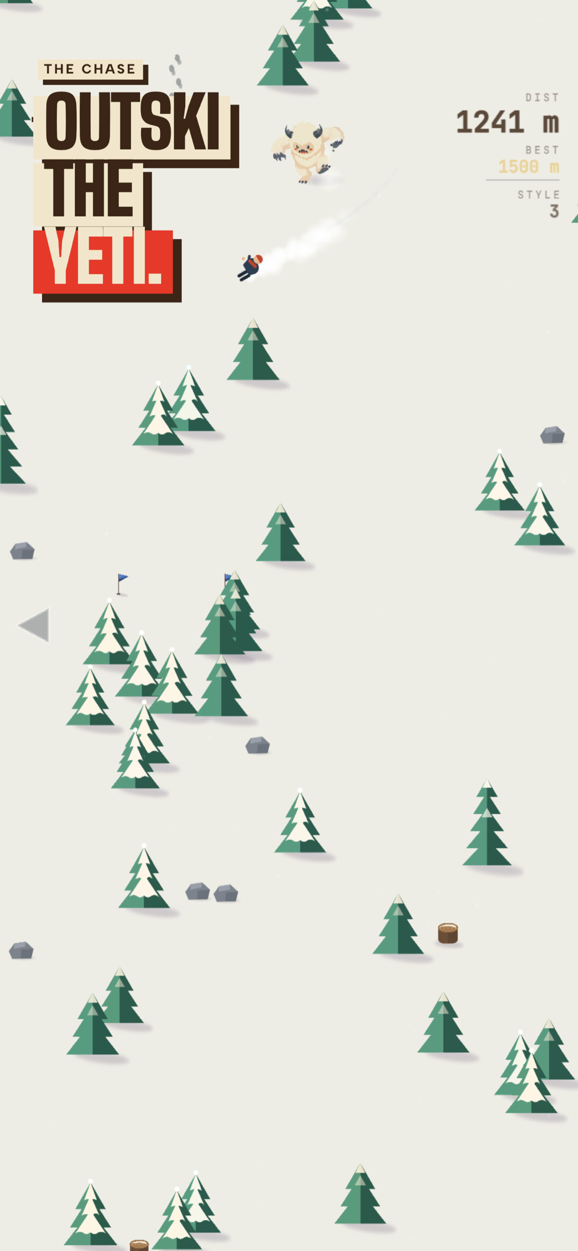 Carving past the yeti — captioned 'Outski the yeti.'