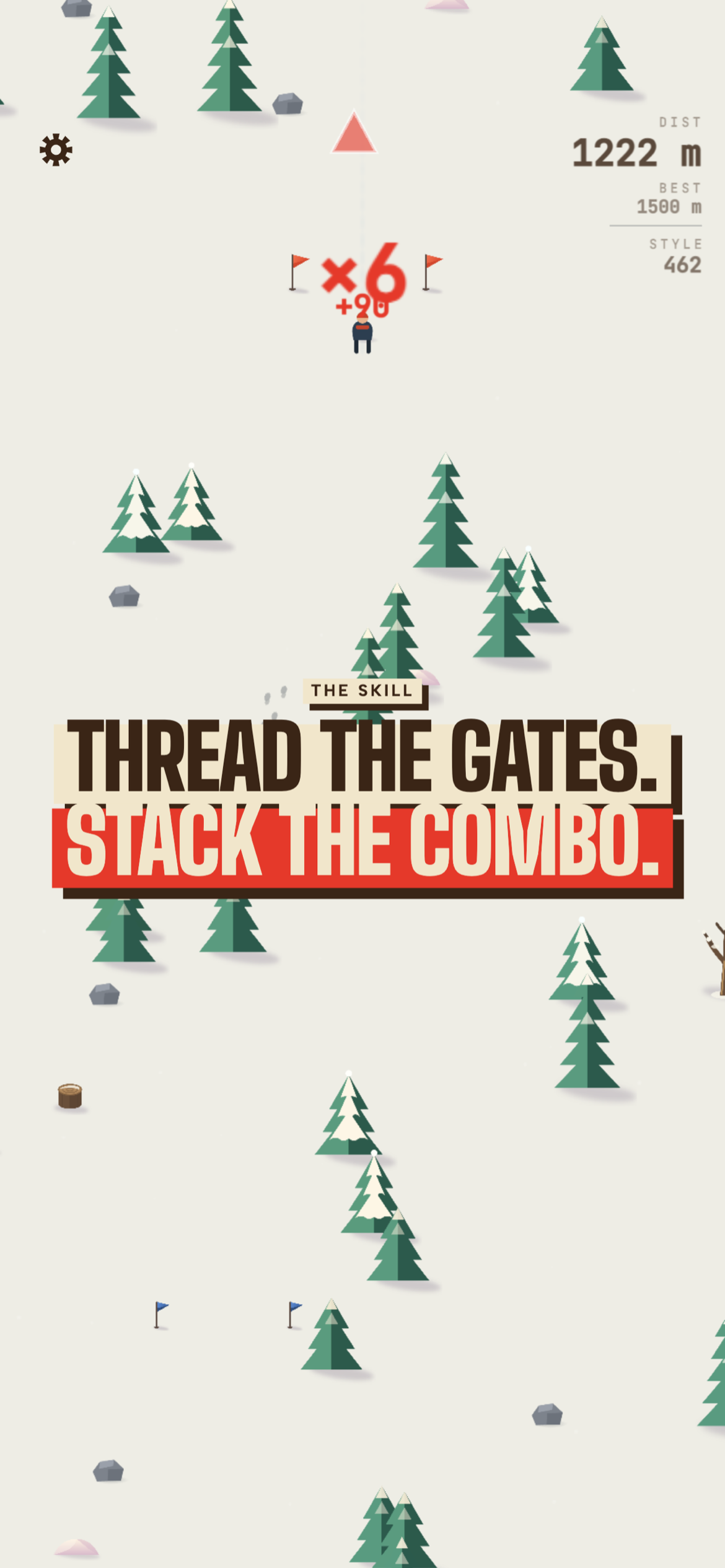 A slalom combo — captioned 'Thread the gates. Stack the combo.'