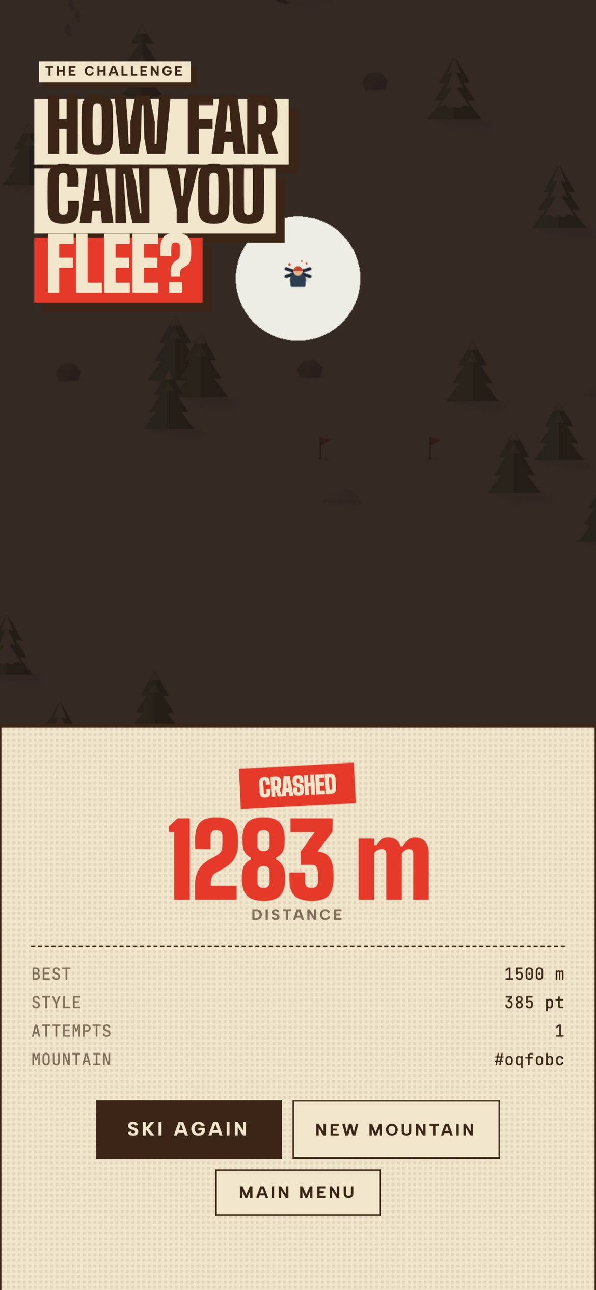 The game-over card — score, best, mountain